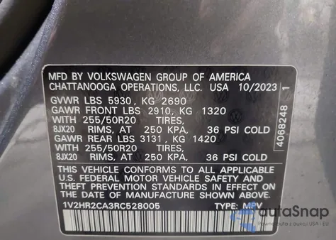 2024 Volkswagen Atlas 2.0T Se W/Technology z USA, uszkodzony, nr VIN 1V2HR2CA3RC528005